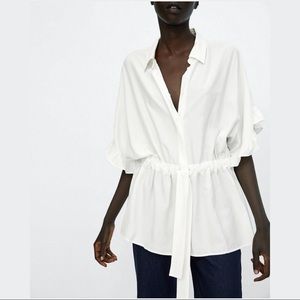 Zara SHIRT WITH RUFFLES AND BOW in off-white Size M